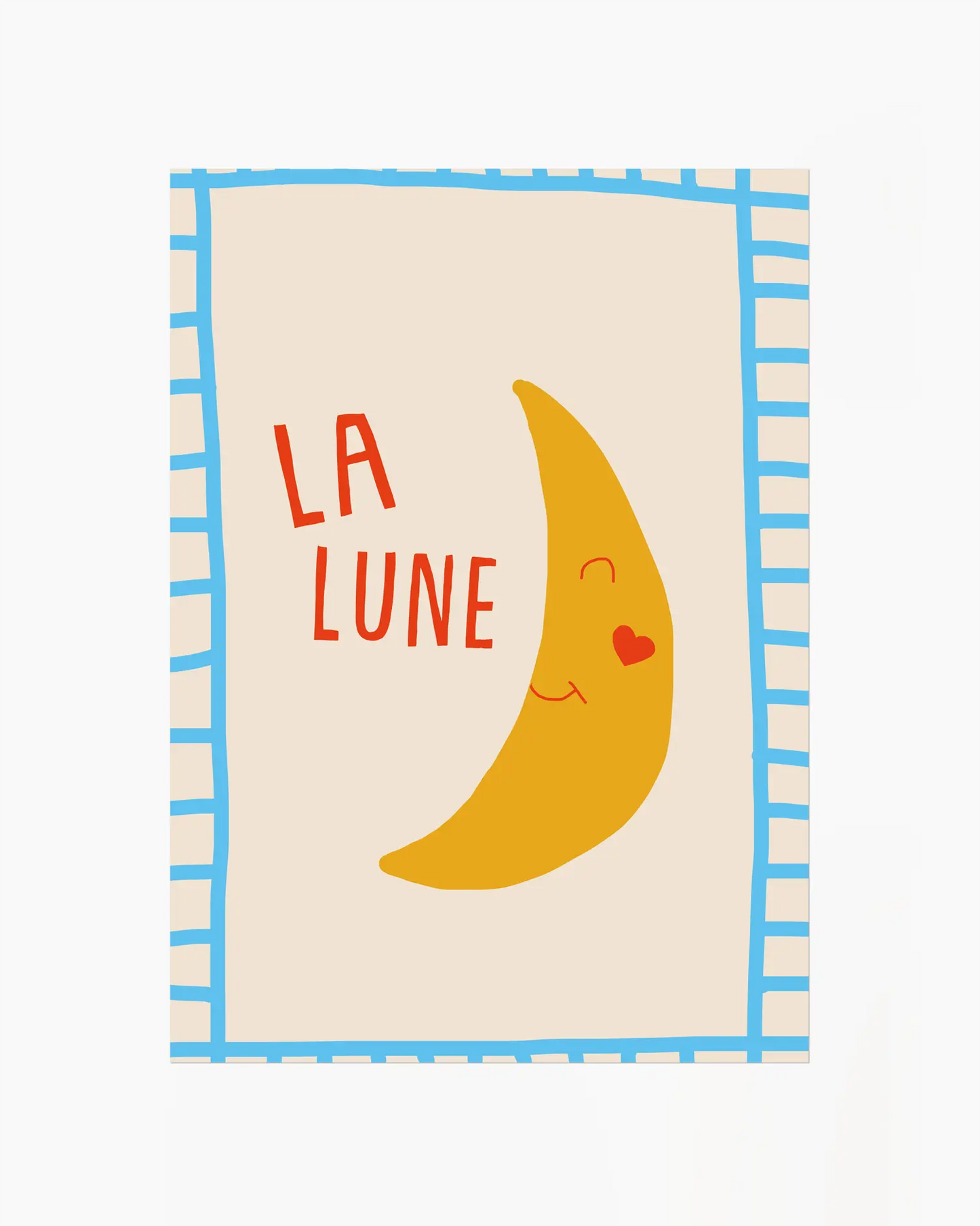 Barntavla med gul halvmåne, blå ramdetaljer och texten “LA LUNE”, utan ram.