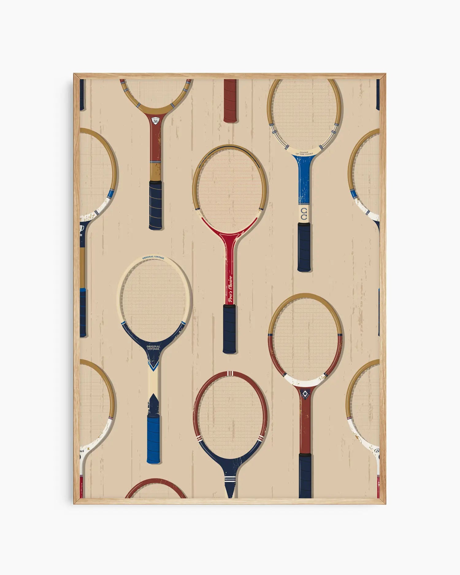 Barntavla med tennisracketar i varierande färger på ljus trätonad bakgrund, inramad i ekram. En varm och sportig illustration.