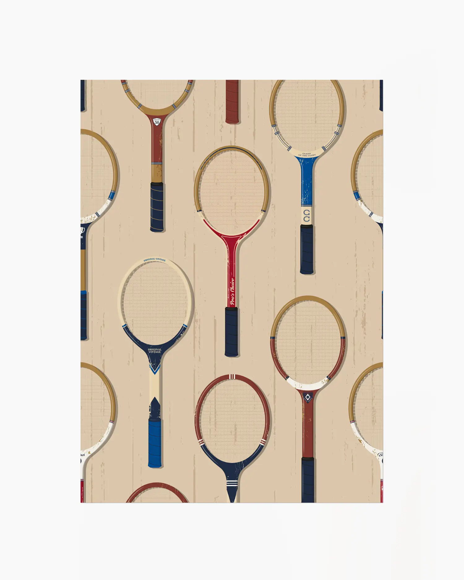 Barntavla med flera tennisracketar illustrerade i olika färger på ljus träliknande bakgrund. En modern och sportig illustration för barnrummet.