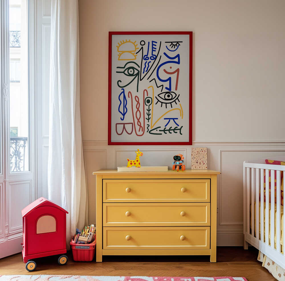 Inramad barntavla med fantasifull abstrakt illustration upphängd ovanför en gul byrå i barnrummet, som blir en färgstark och iögonfallande detalj.