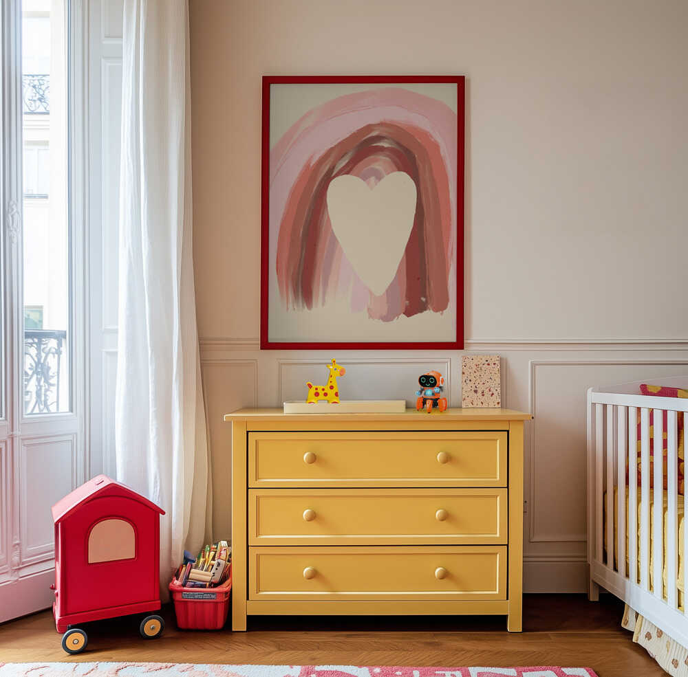 Inramad tavla med harmoniskt rosatonat hjärtmotiv hängandes ovanför den gula byrån i barnrummet och skapar en varm, lekfull atmosfär.