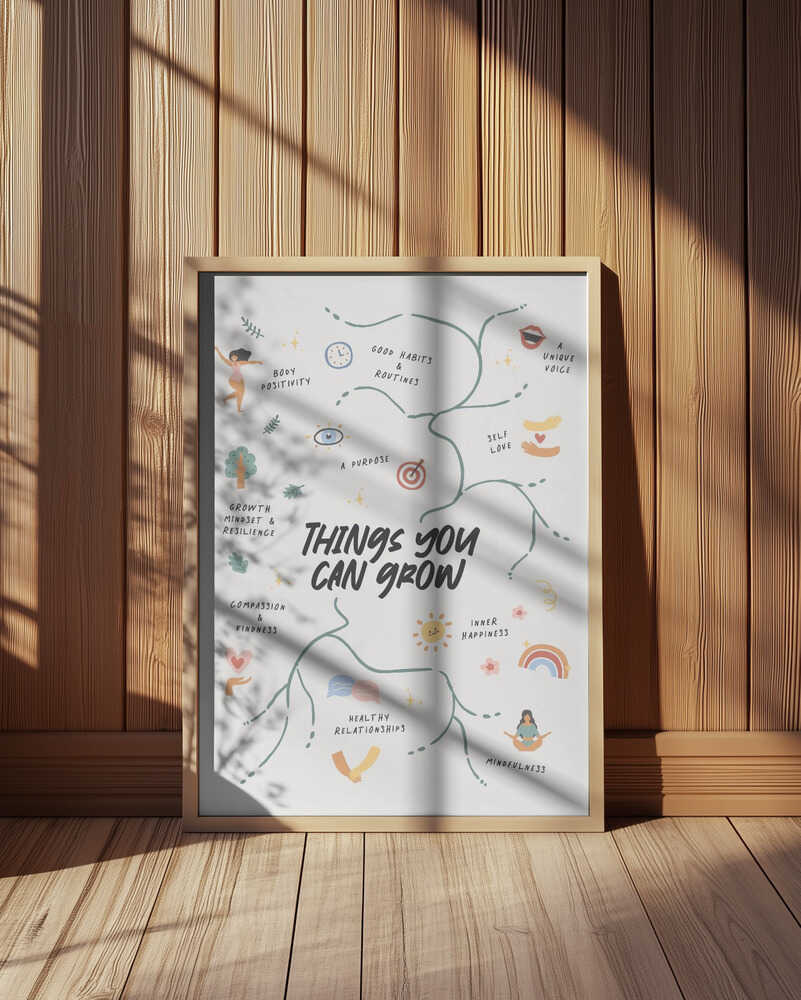 Inramad barntavla med utvecklande budskap och texten "THINGS YOU CAN GROW" placerad på golvet i barnrum med träpanelvägg. En naturlig och rofylld känsla.