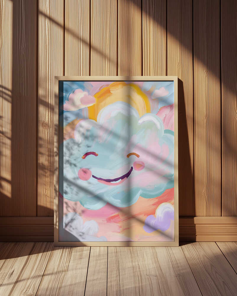 Inramad barntavla med pastellmoln, placerad framför träpanel vilket framhäver tavlans mjuka färgskala.