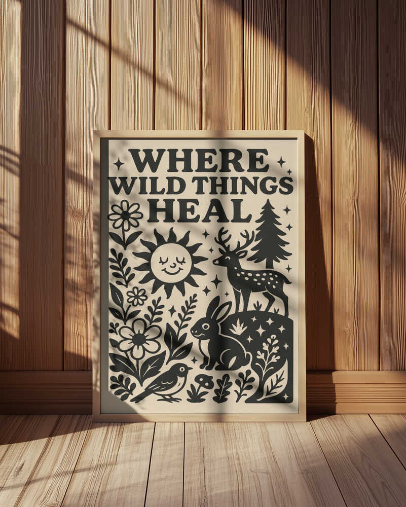 Barntavla med skogsdjur och texten "WHERE WILD THINGS HEAL", inramad och placerad på golvet i rummet med träpanel.