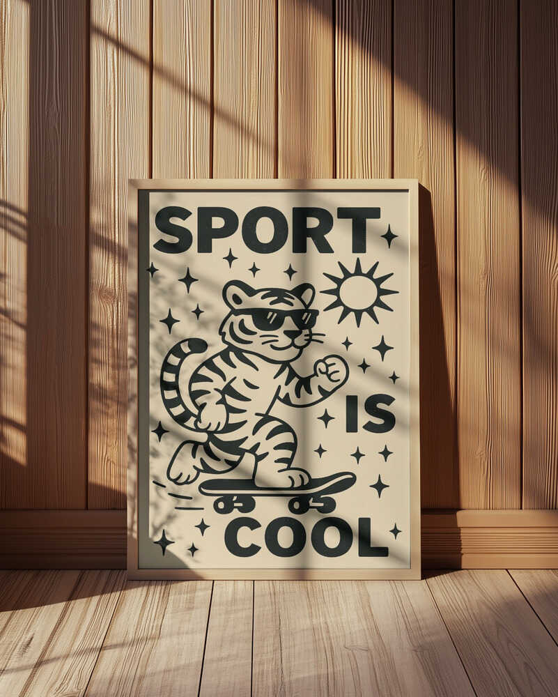Barntavla med tigern på skateboard och texten "SPORT IS COOL", inramad i ljus träram och lutad mot en trävägg där mjuka skuggor faller över motivet.