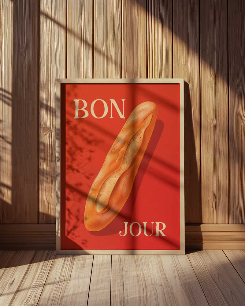 "BON JOUR" barntavla inramad i träram, lutad mot en vägg med träpanel. Ljuset och skuggorna framhäver motivets livfulla färger och retrostil.