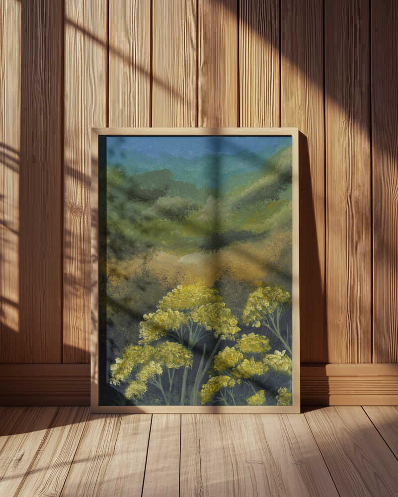 Inramad barntavla med målade gula blommor framför ett grönt och blått landskap placerad på golvet framför en vägg med träpanel.