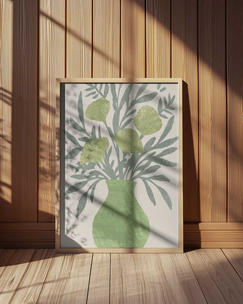 Inramad barntavla med växtillustration placerad i barnrum med mjuk färgskala och fokus på tavlan.