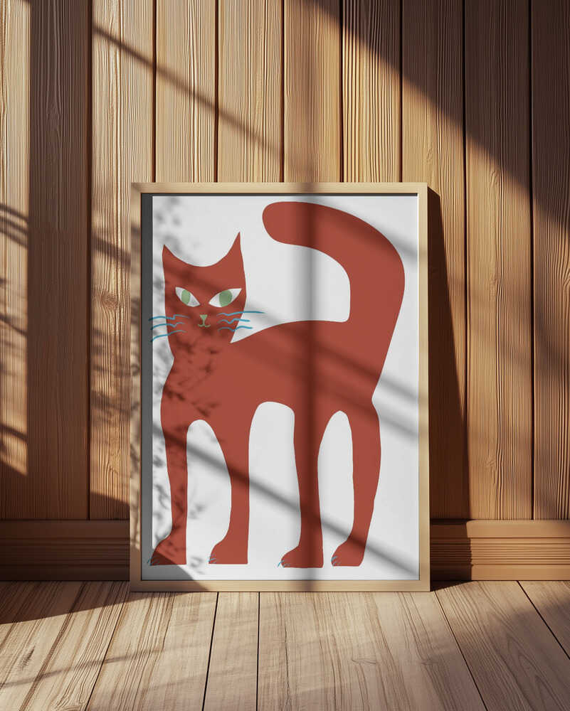 Inramad barntavla med brun katt placerad framför träpanel som framhäver den grafiska illustrationen.