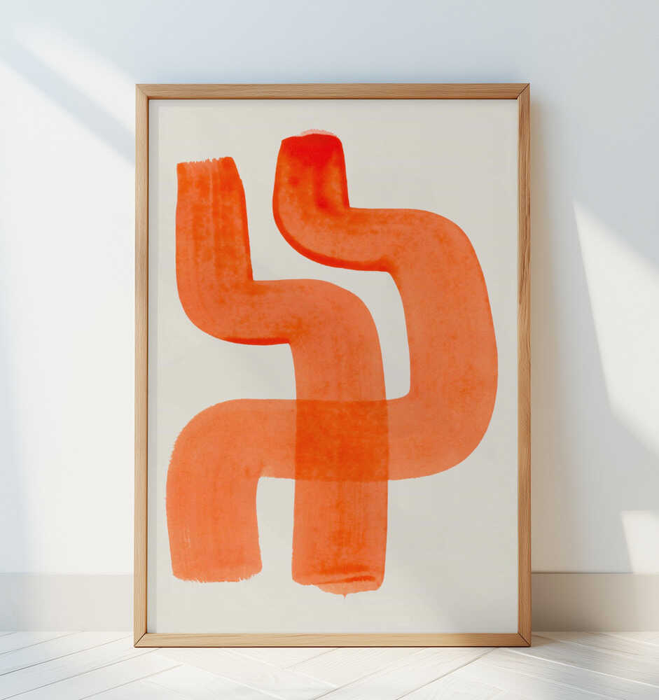 Barntavla med mjuka orange penseldrag lutad mot en vit vägg vilket framhäver motivets rena och moderna uttryck.