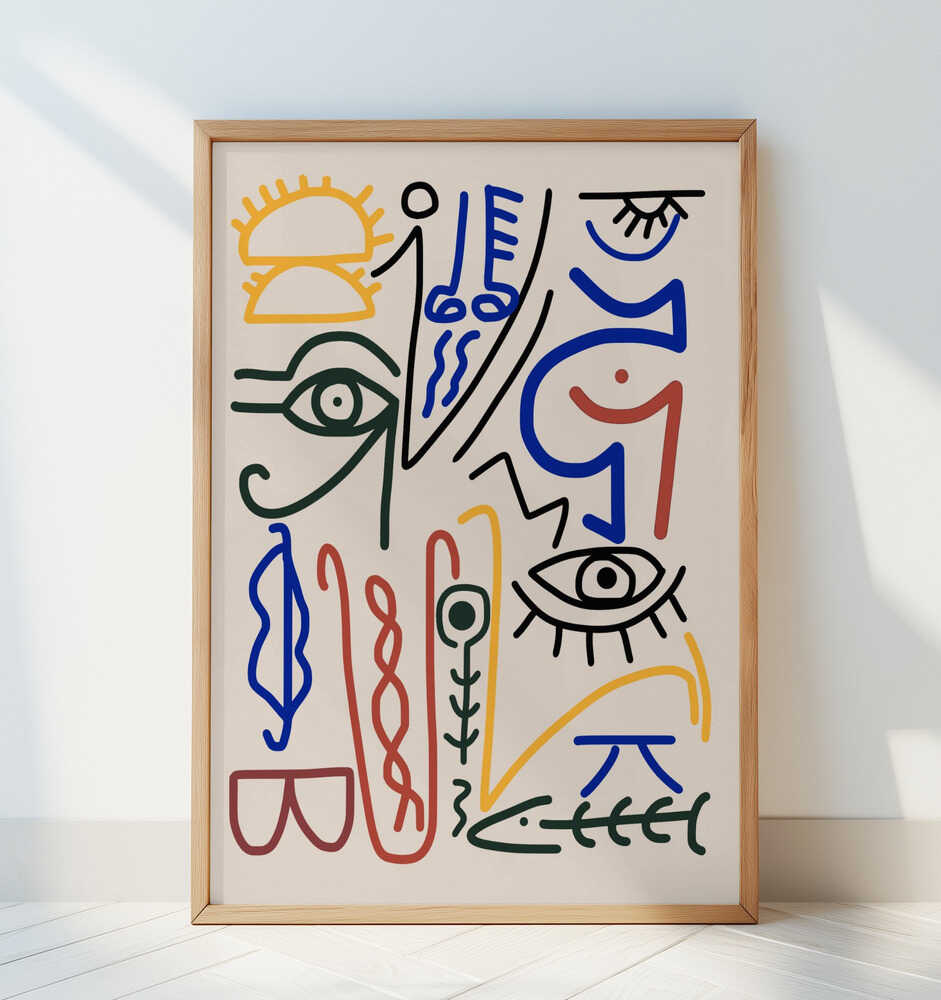 Inramad barntavla med grafiskt abstrakt motiv lutad mot en vit vägg, som ger ett stilrent och modernt uttryck i barnrummet.
