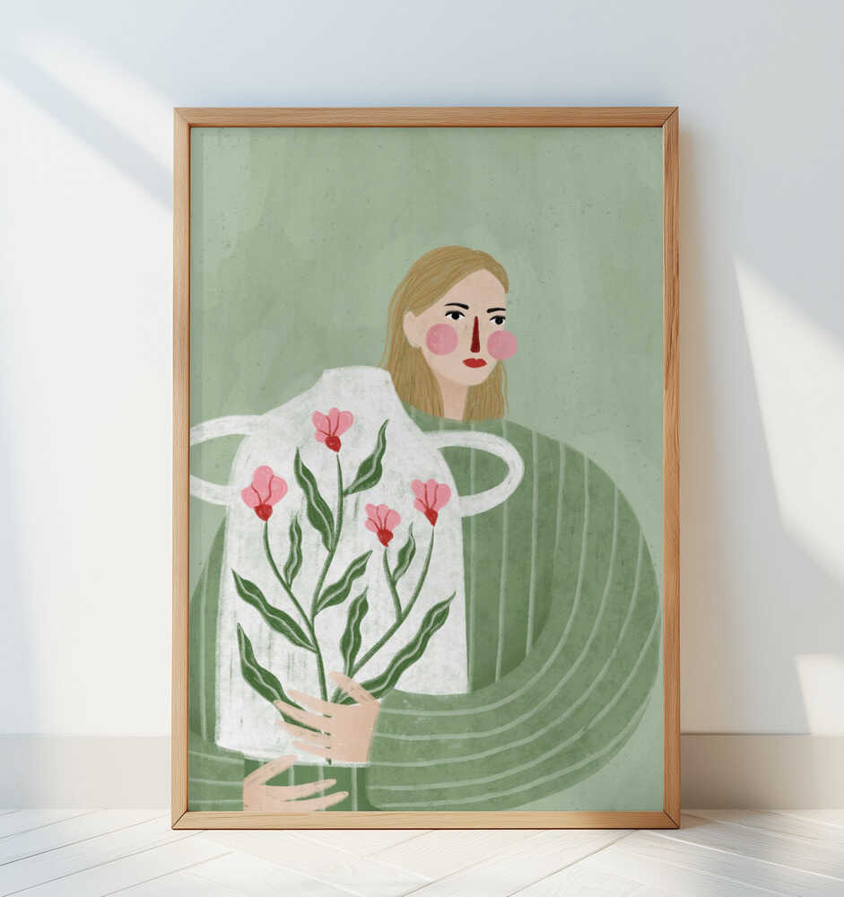 Inramad barnrumstavla med person och stor vit vas med blommor, lutad mot vit vägg. En mjuk och modern accent.