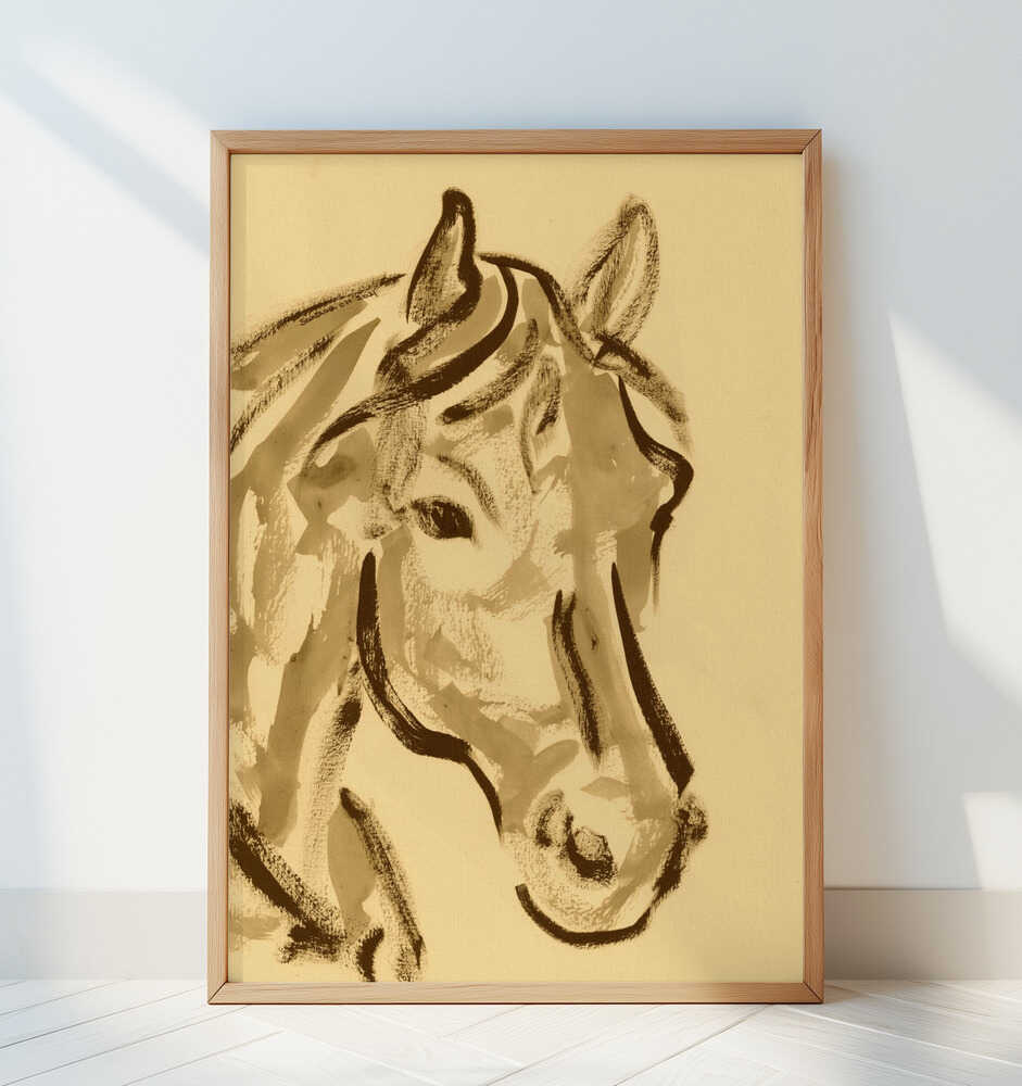 Inramad tavla med skissartat hästporträtt i bruna nyanser lutad mot en vit vägg där färgerna framträder tydligt.