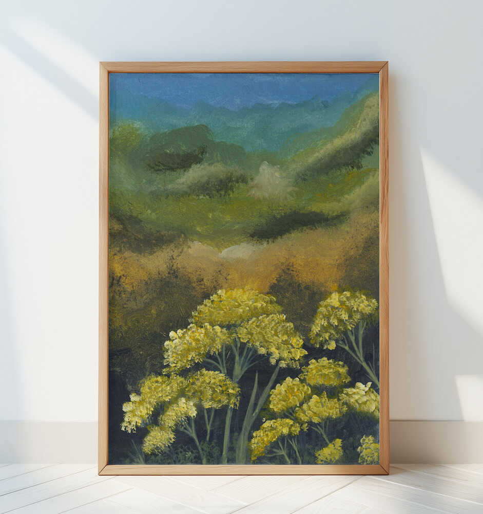 Inramad barntavla med målade gula blommor framför ett grönt och blått landskap lutad mot en vit vägg.