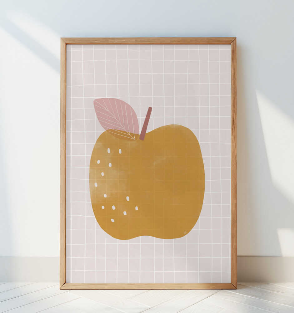 Barntavla med äpple lutad mot vit vägg i en lugn och mjuk miljö som lyfter illustrationen.