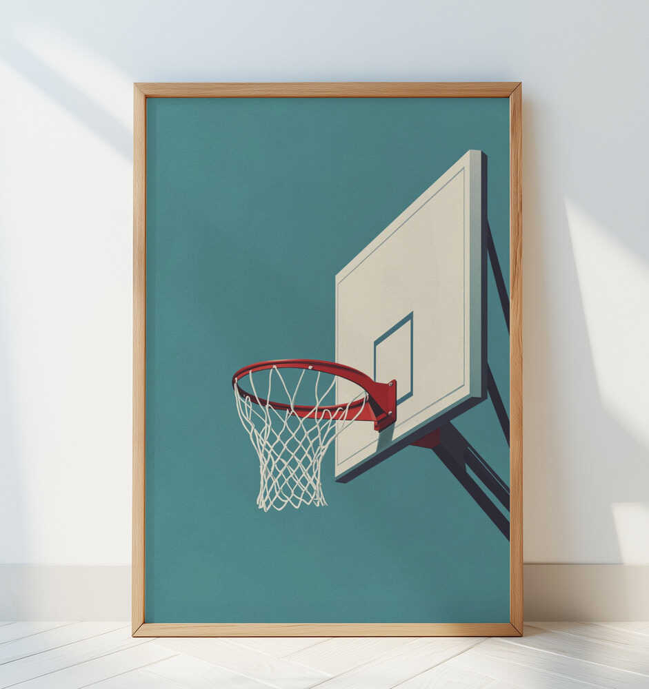 Inramad barnrumstavla med basketkorg mot blågrön bakgrund, lutad mot vit vägg. En sportig och modern väggdetalj.