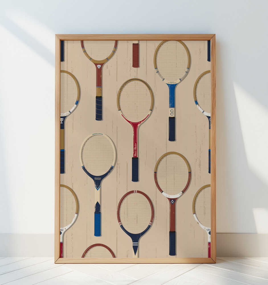 Inramad barnrumstavla med tennisracketmotiv i olika färger, lutad mot vit vägg. En modern och sportig inredningsdetalj.