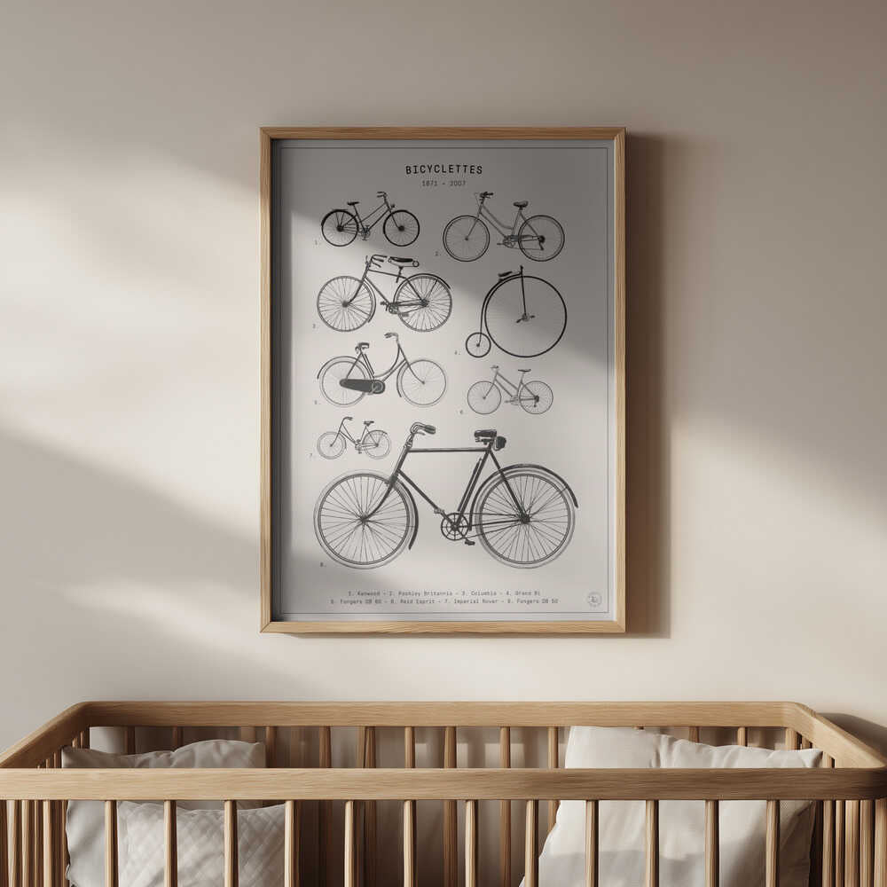 Inramad barntavla med cykelillustration placerad ovanför spjälsängen i barnrummet.