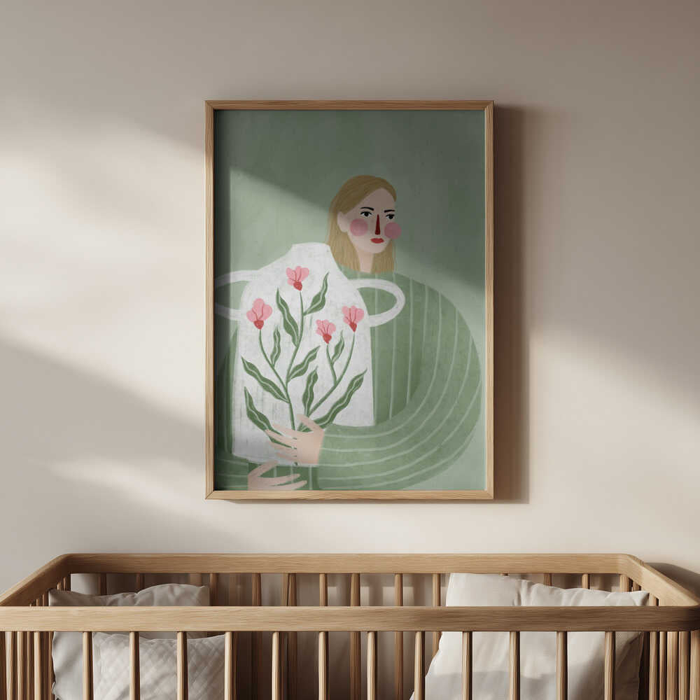 Inramad barnrumstavla med person som håller en stor blomvas, placerad ovanför spjälsängen. En lugn och poetisk illustration för barnrummet.