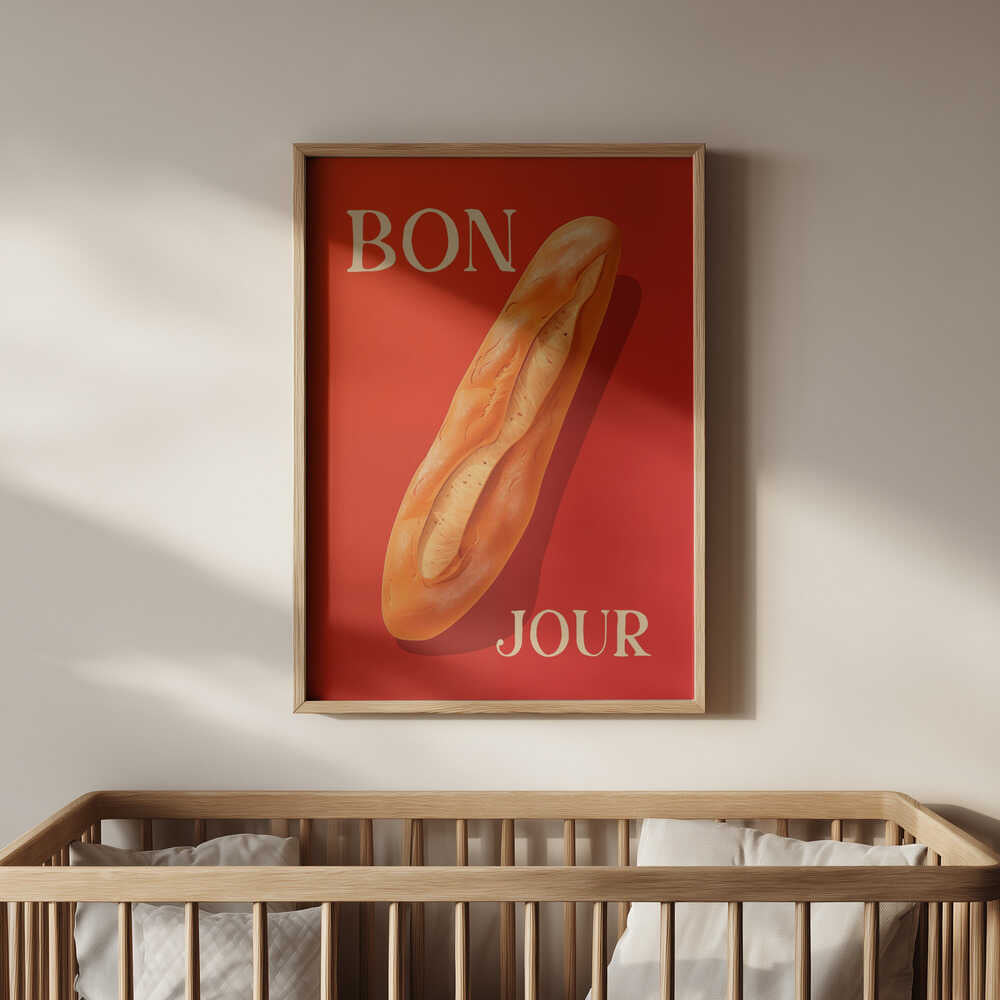 "BON JOUR" barntavla upphängd ovanför en spjälsäng i ett lekfullt barnrum. Tavlan tillför en varm, fransk charm som passar både små och stora barn.