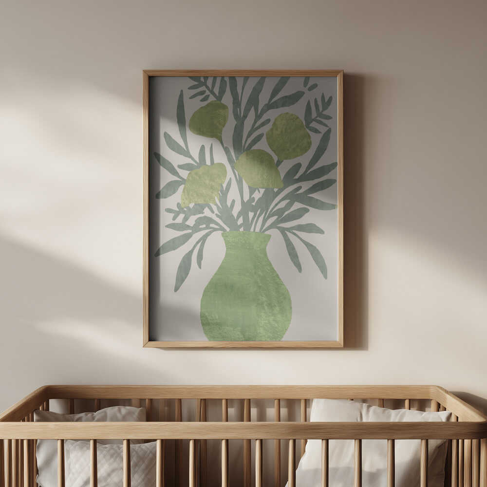 Barntavla med grön vas och blad fångad i naturligt ljus där illustrationen framhävs tydligt.